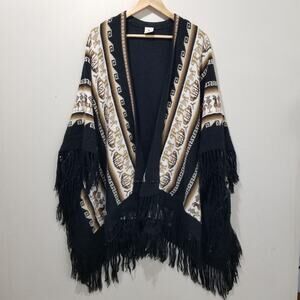 Alpaca Warehouse Poncho Womens One Size Black Alpaca Knit Fringe Tribal Peru